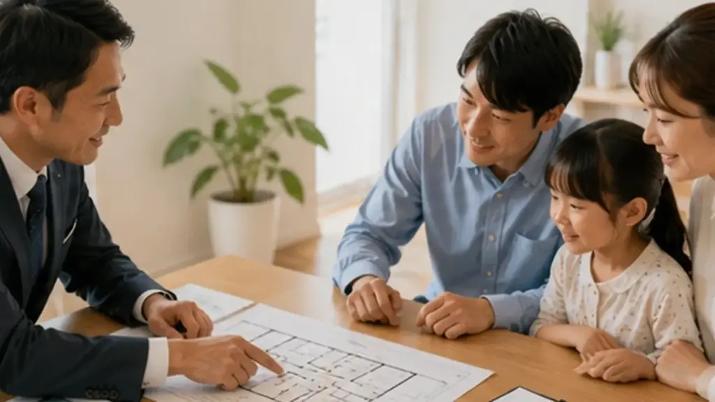 earthquake-prepared-home-planning | アップルホーム 地震や災害に備えた住宅計画を図面で確認する家族と住宅アドバイザー
