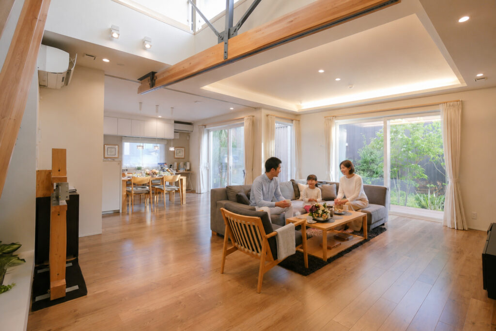 earthquake-resistant-home-structure | アップルホーム 耐震住宅の構造と大空間リビングの関係を確認する家族