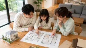 1階と2階のファミリークローゼットの場所を検討する注文住宅の家族