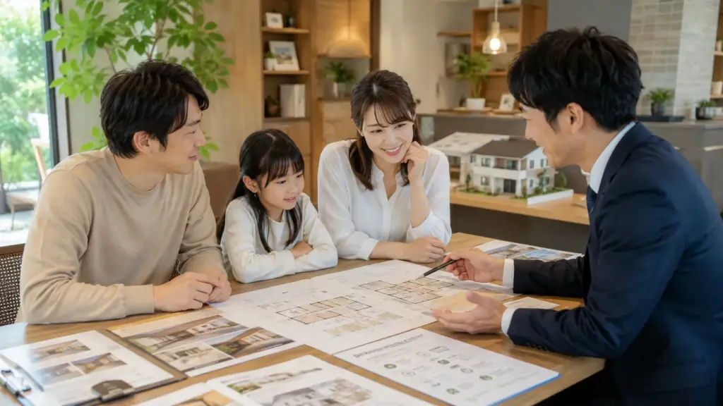family-home-alone-planning-meeting | アップルホーム 子どもの留守番ルールと住宅設備を確認する家族の打ち合わせ