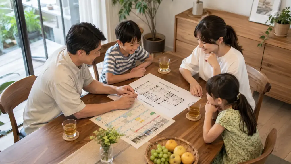 family-summer-plan-checklist | アップルホーム 家族で夏休みの過ごし方と住まいの使い方を話し合う様子