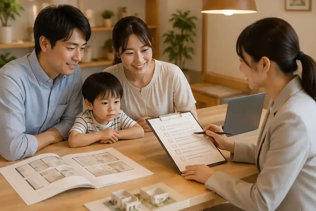family-water-area-checklist-meeting | アップルホーム 洗面脱衣分離のチェックリストを住宅アドバイザーと確認するイメージ