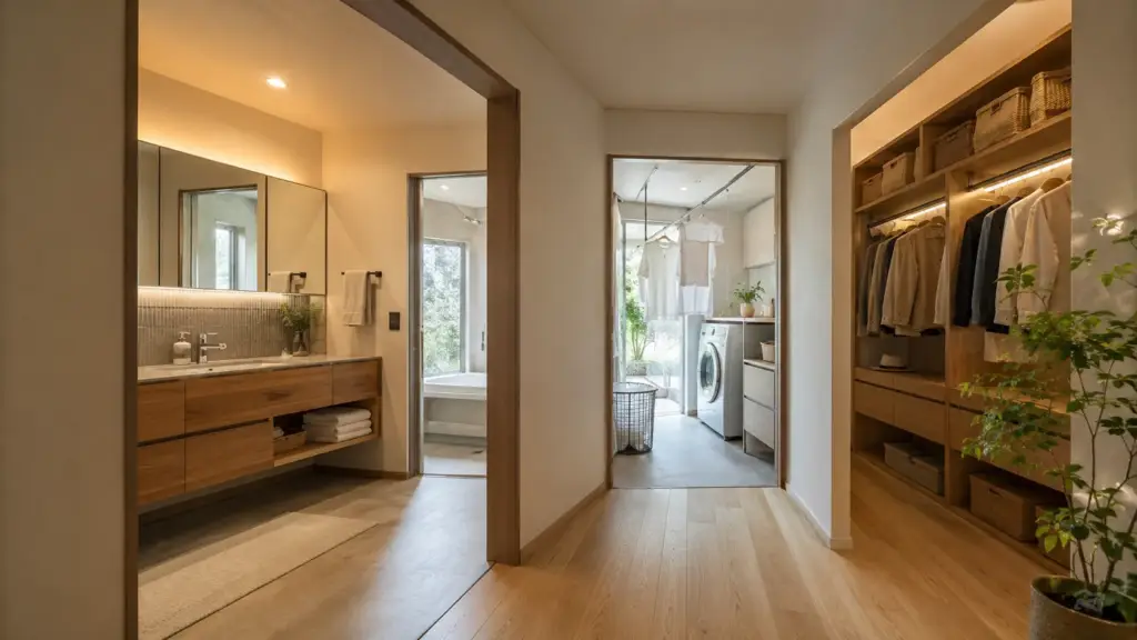 first-floor-family-closet-laundry-flow | アップルホーム 洗面脱衣室とファミリークローゼットをつなぐ1階の家事動線