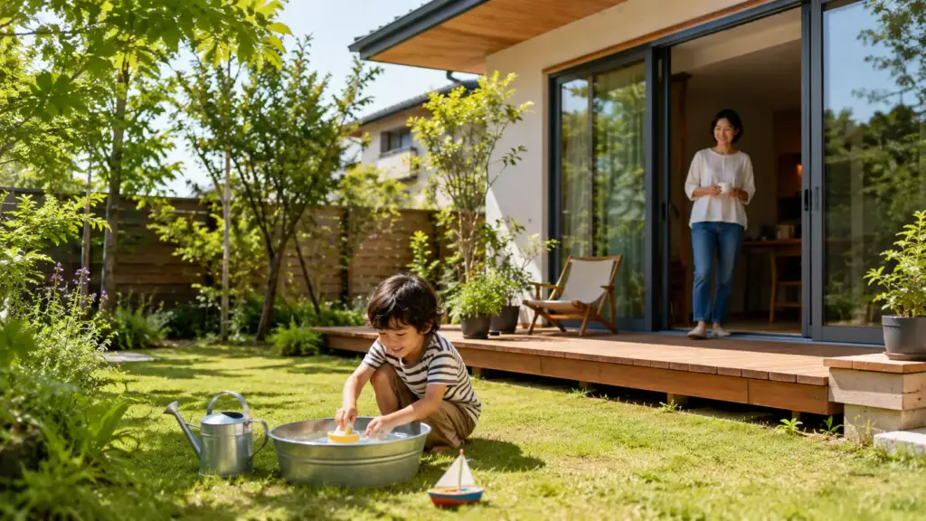 garden-kids-play-space | アップルホーム 日陰と見守り動線を確保した庭で子どもが水遊びをする様子