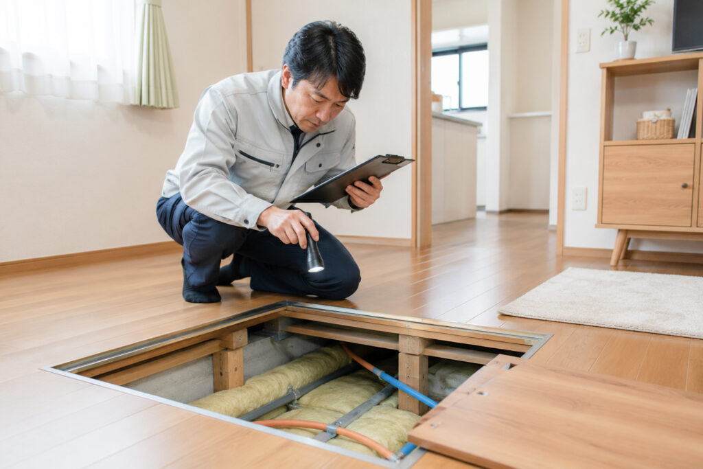 home-inspection-crawlspace-insulation | アップルホーム 中古戸建ての床下で断熱材と構造を確認する住宅調査
