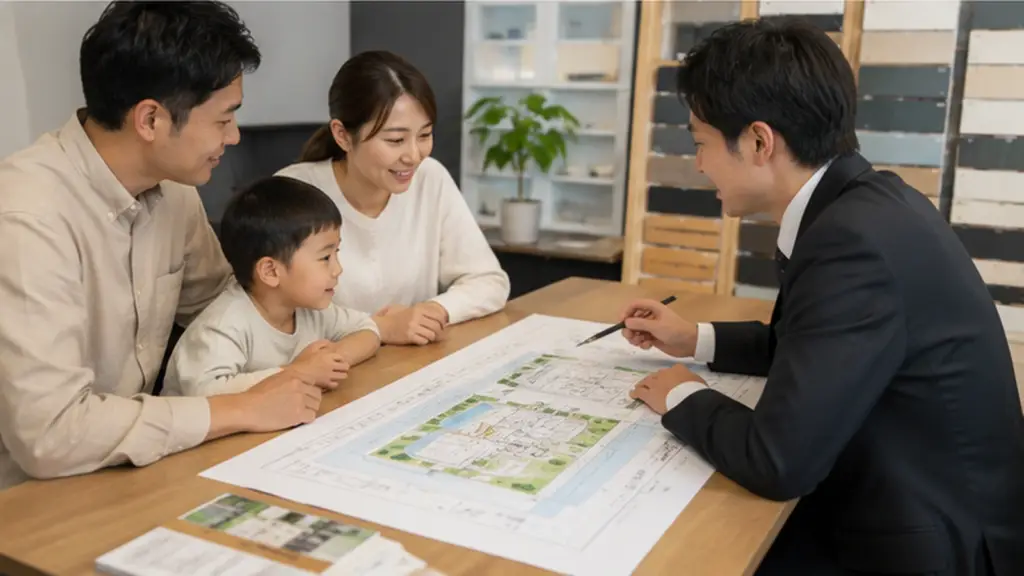 home-pool-exterior-consultation | アップルホーム 注文住宅のおうちプールに向けた庭と外構を図面で相談する家族