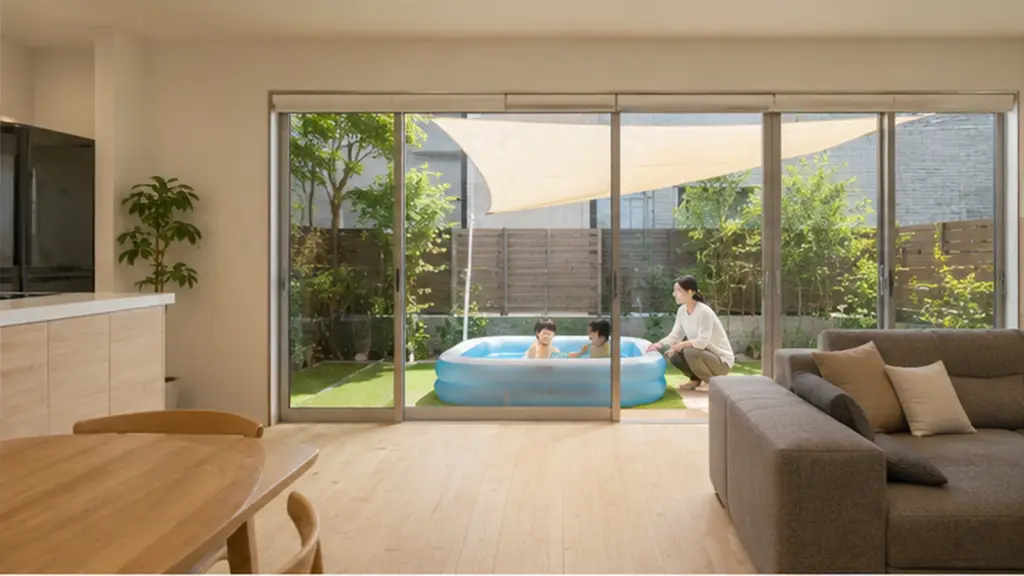 home-pool-supervision-layout | アップルホーム リビングからおうちプールを見守れる注文住宅の庭と外構配置