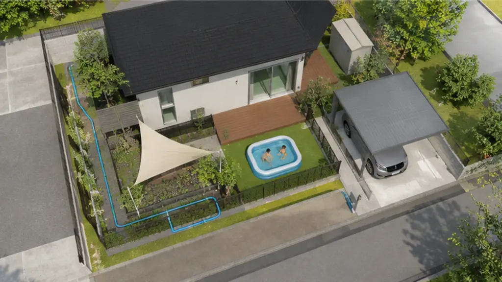home-pool-water-drainage-plan | アップルホーム 注文住宅の庭でおうちプールの見守り動線と給排水を確認する外構計画