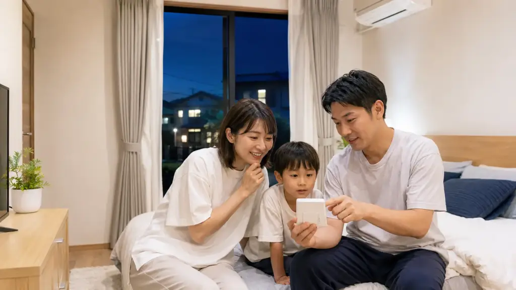 hot-bedroom-night-home-planning | アップルホーム 夜になっても寝室が暑い注文住宅で室温を確認する家族