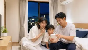 夜になっても寝室が暑い注文住宅で室温を確認する家族
