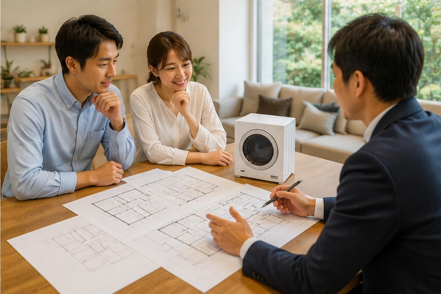 乾太くんの設置位置を注文住宅の打ち合わせで確認する家族