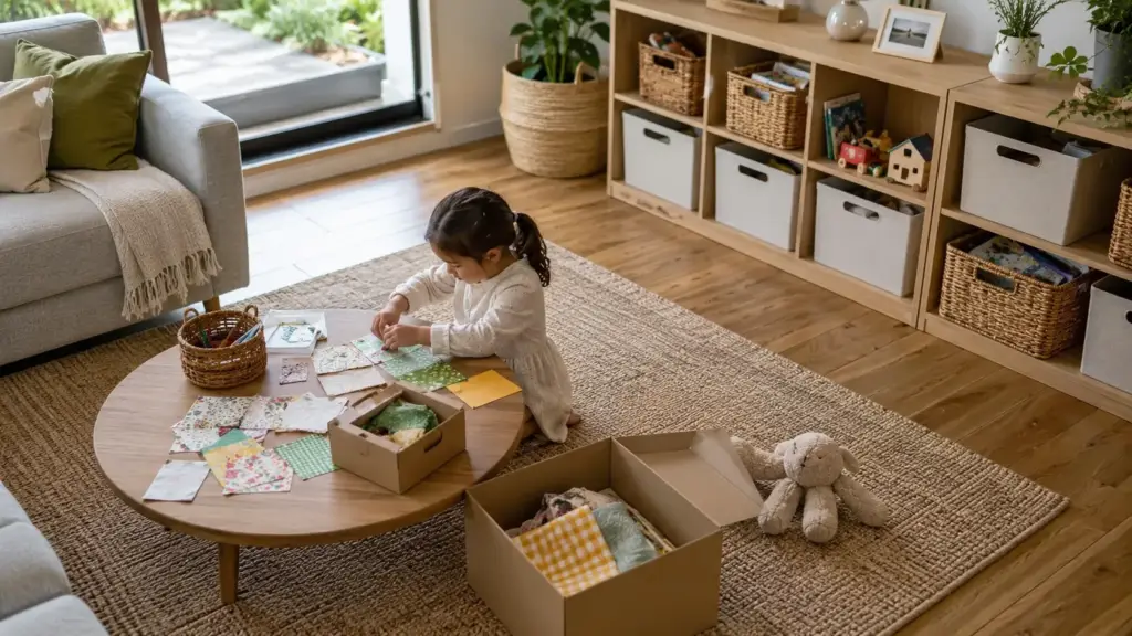 kids-indoor-play-living-room | アップルホーム 子どもが家にある材料を使ってリビングで工作を楽しむ様子