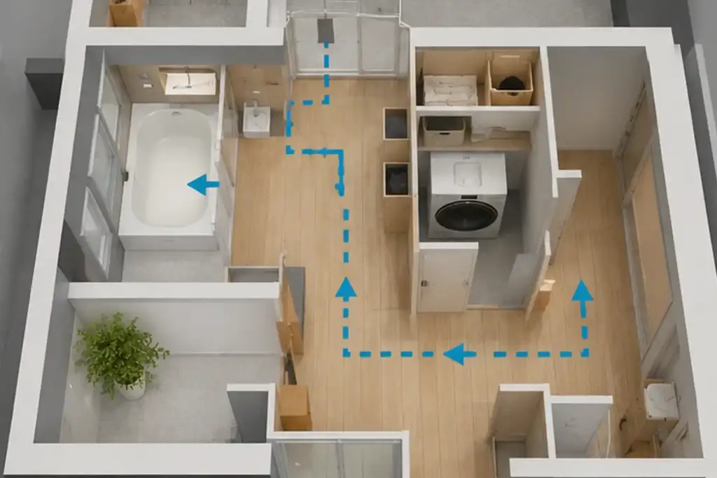 laundry-dressing-room-flow-plan | アップルホーム 洗面脱衣分離の動線と収納計画を間取りで確認するイメージ