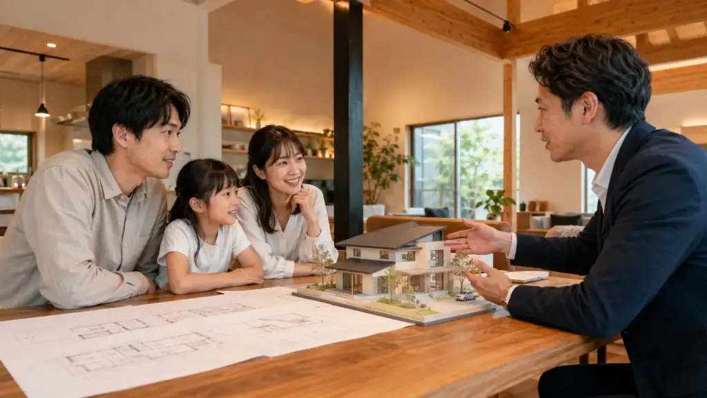 open-ceiling-comfort-design-consultation | アップルホーム 吹き抜けの断熱と冷房計画を住宅アドバイザーに相談する家族