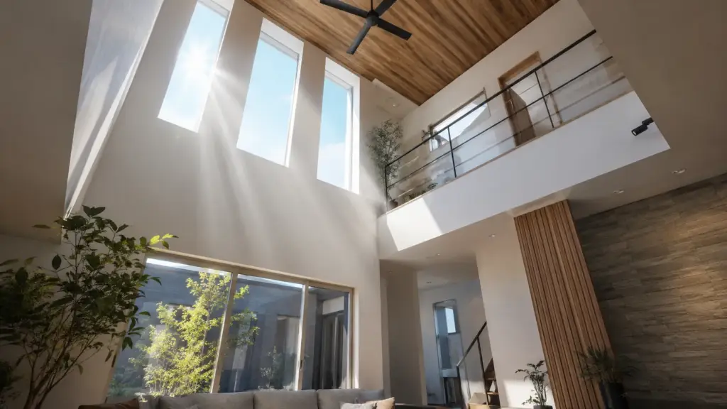 open-ceiling-solar-heat-window | アップルホーム 吹き抜け上部の窓から入る日射と暖かい空気の流れを確認するリビング