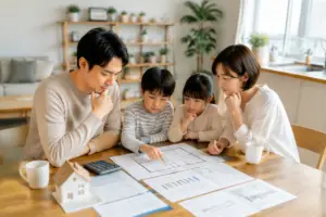 金利上昇時代に住宅ローンと注文住宅の予算を家族で確認するイメージ