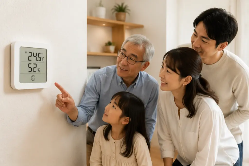 リビングの温湿度計を確認して室内熱中症を予防する家族