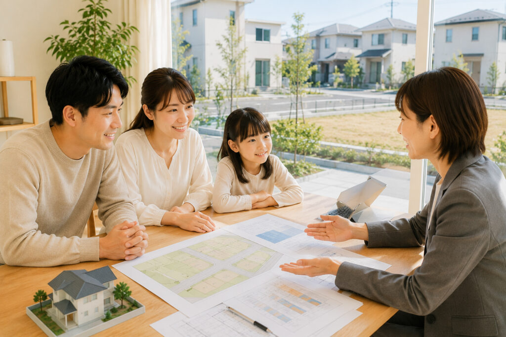 sayama-real-estate-simultaneous-settlement | アップルホーム 狭山不動産の分譲地で土地と建物の同時決済について相談する家族