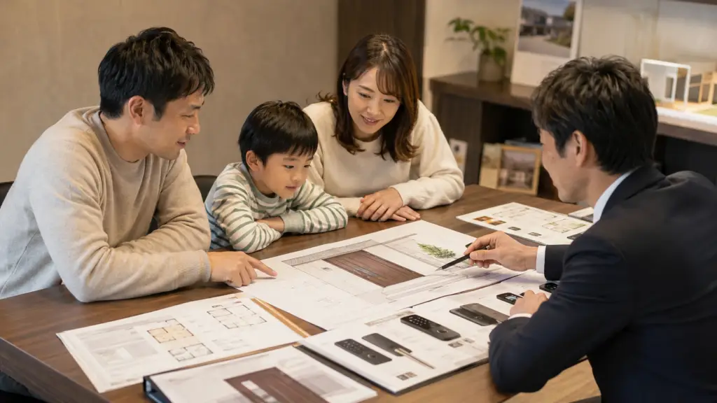 注文住宅の打ち合わせでスマートロックの交換方法を確認する家族