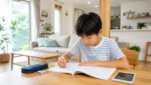 夏休みに明るいリビングで留守番をする子どもと見守り設備のある住まい