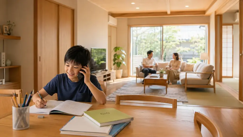 summer-child-home-alone-security | アップルホーム 夏休みに明るいリビングで留守番をする子どもを見守れる注文住宅
