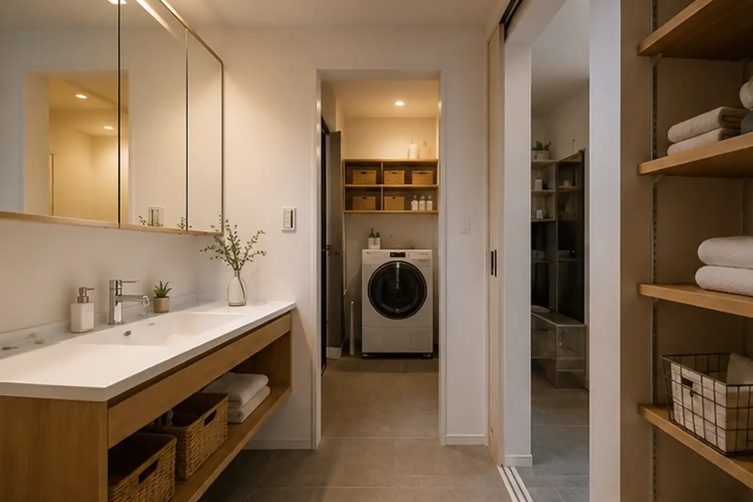 washroom-dressing-room-separate-main | アップルホーム 洗面脱衣分離を検討する共働き子育て世帯の水まわり設計イメージ