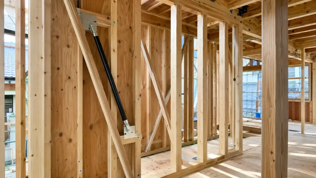 wooden-house-seismic-structure | アップルホーム 木造住宅の耐震構造と制震ダンパーを確認できる施工中の壁