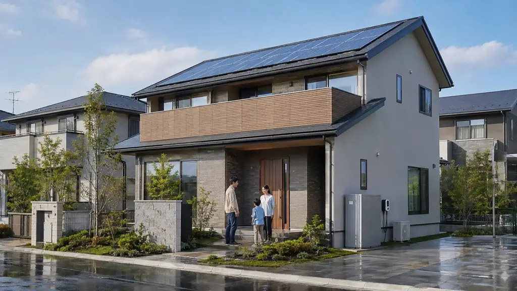 2050-leading-resilience-home | アップルホーム 2050先導型住宅推進事業のレジリエンス住宅と蓄電池・V2Hを備えた外観
