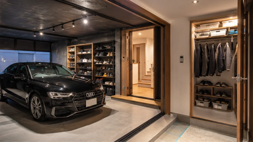 built-in-garage-space-planning | アップルホーム 注文住宅のビルトインガレージ内部と住宅につながる動線