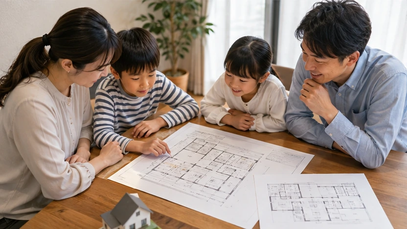 compact-house-family-layout-check | アップルホーム 家族人数に合わせてコンパクト住宅の間取りを確認する様子