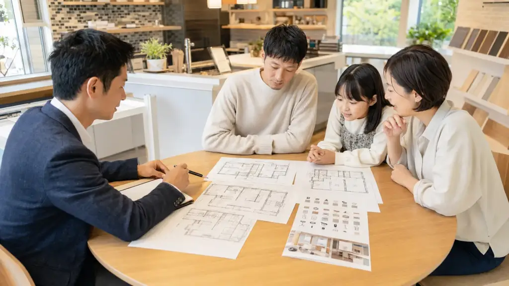 disaster-ready-home-planning-consultation | アップルホーム 災害に強い間取りとパントリー計画を相談する家族