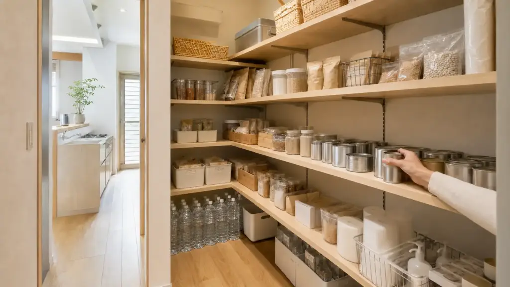 emergency-food-pantry-rolling-stock | アップルホーム パントリーで非常食と飲料水をローリングストックする収納例
