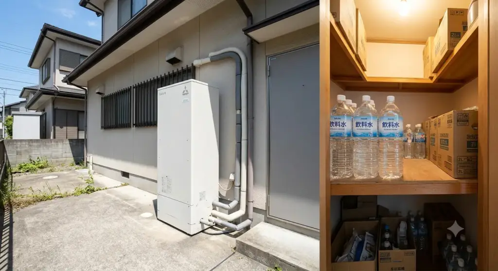 断水時に生活用水を取り出せる貯湯式給湯器と備蓄収納