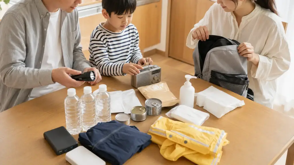 family-disaster-stockpile-check | アップルホーム 防災備蓄の内容と持ち出し袋を家族で確認する様子