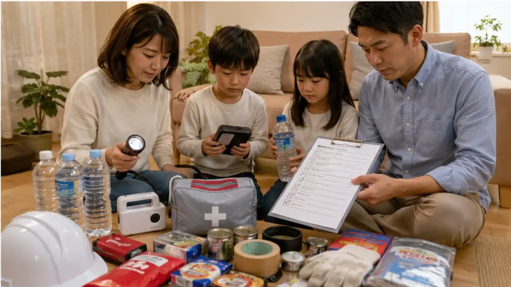 family-typhoon-emergency-checklist | アップルホーム 台風に備えて停電や断水の防災用品を確認する日本人家族