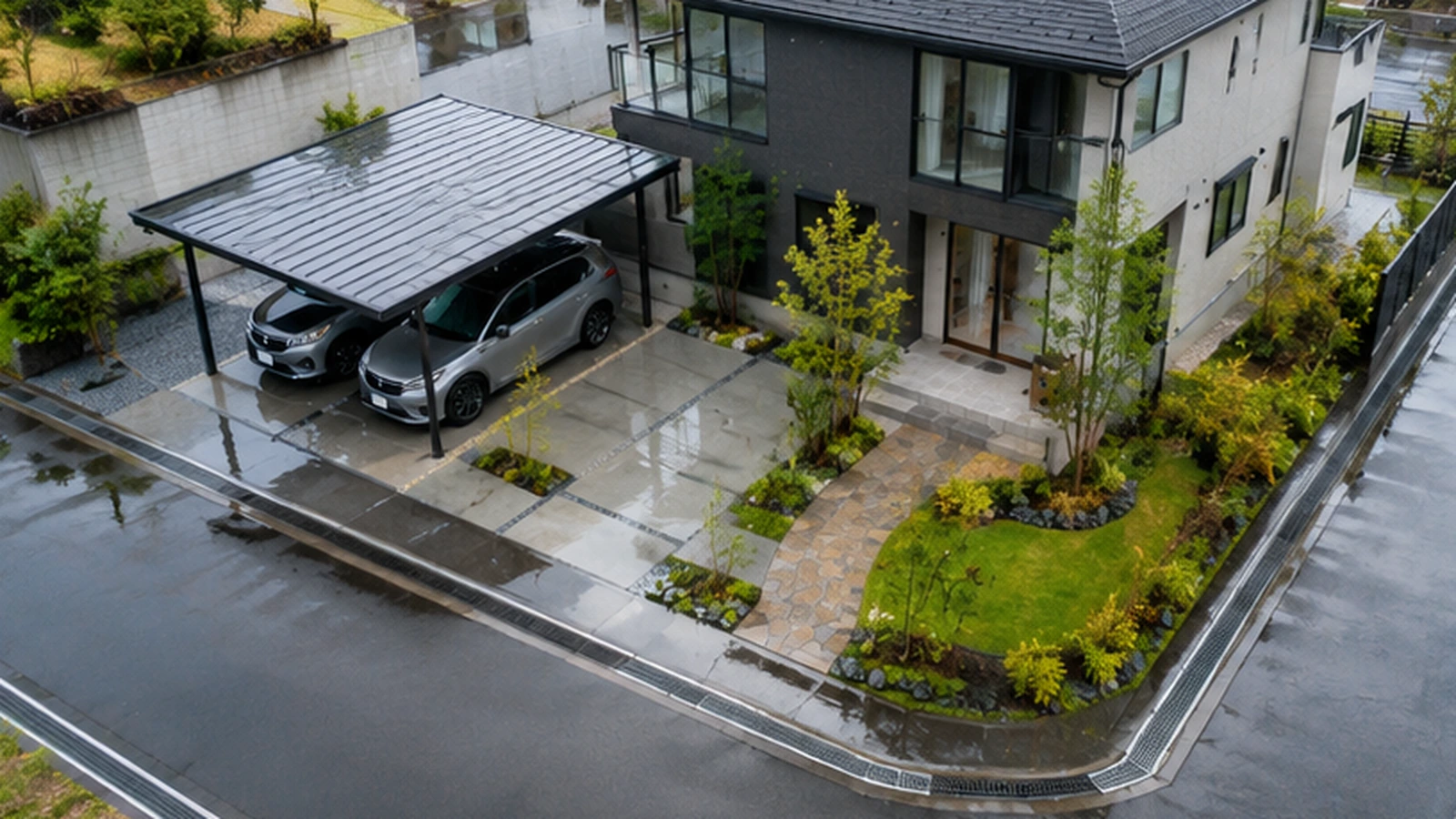 ゲリラ豪雨や台風に備えて玄関・駐車場・庭の排水を計画した注文住宅