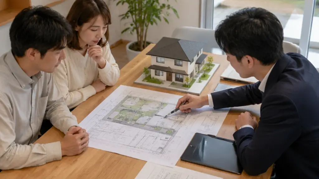 敷地図と外構図を見ながら住宅の排水計画を確認する打ち合わせ