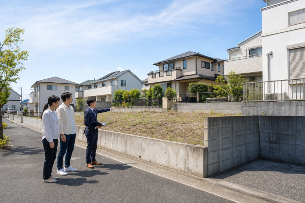 land-slope-retaining-wall-site-check | アップルホーム 高低差と擁壁がある住宅用地を現地確認する夫婦と住宅アドバイザー