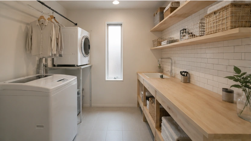 laundry-room-kanta-kun-layout-flow | アップルホーム 洗濯機と乾太くんを近くに配置した注文住宅のランドリールーム