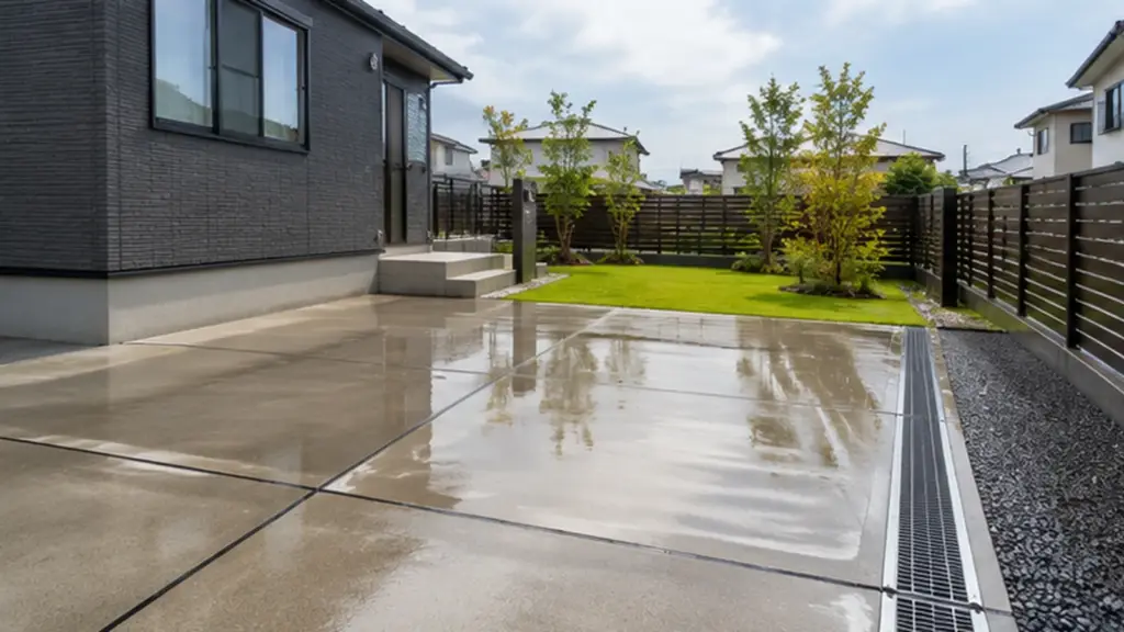 駐車場と庭の勾配から雨水の排水方向を確認する注文住宅の外構