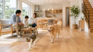 ペットと暮らす注文住宅の明るいLDKで犬と猫と過ごす家族