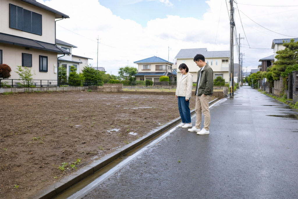 rainy-land-drainage-side-ditch | アップルホーム 雨上がりの土地で水たまりと道路側溝を確認する様子