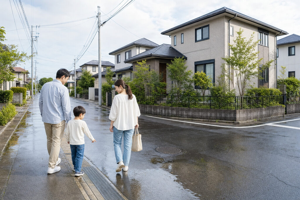 rainy-neighborhood-road-drainage-check | アップルホーム 雨上がりの住宅街で周辺道路の水はけを確認する家族