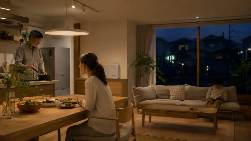 resilience-home-backup-power-living | アップルホーム 停電時に蓄電電力で照明や冷蔵庫を使い生活を続けるレジリエンス住宅の室内
