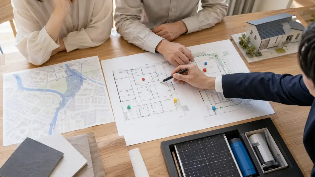 resilience-home-planning-consultation | アップルホーム 敷地の災害リスクと間取り・設備を住宅アドバイザーへ相談する2050住宅の打ち合わせ