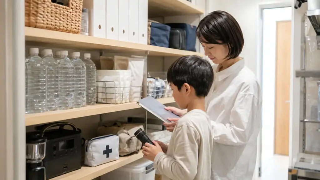 resilience-home-stockpile-check | アップルホーム レジリエンス住宅のパントリーで水・非常食・防災設備を家族で点検する様子