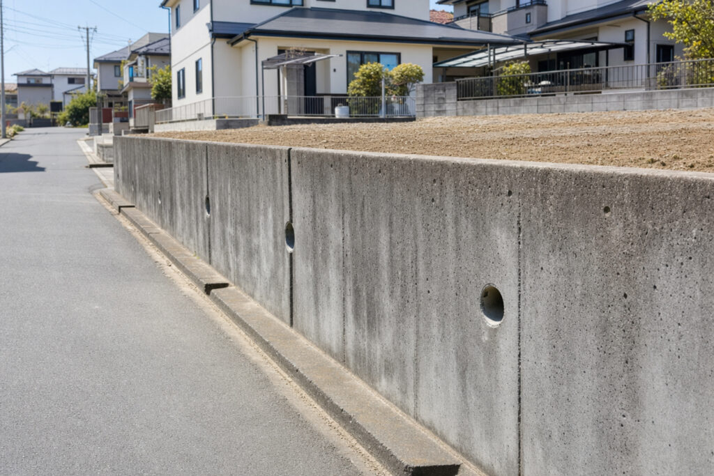 retaining-wall-drainage-condition-check | アップルホーム 住宅用地のコンクリート擁壁と排水状態を確認する様子