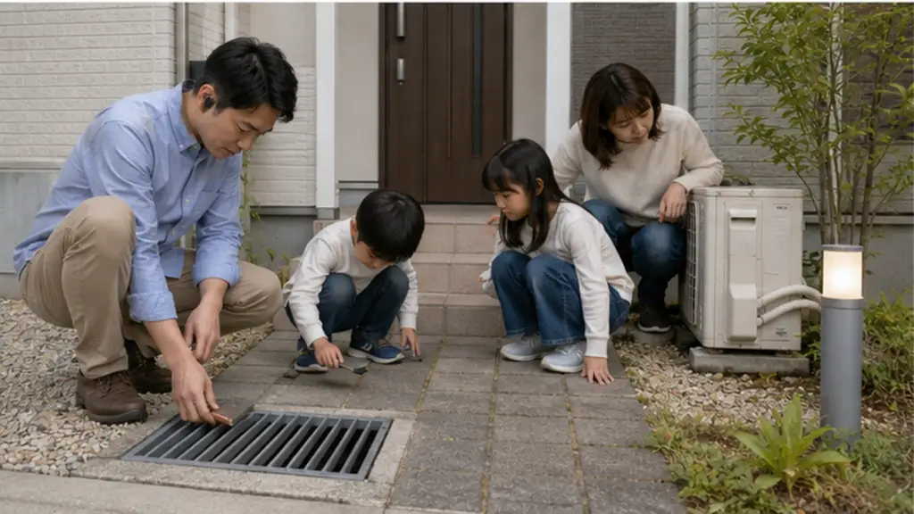 typhoon-drainage-yard-check | アップルホーム 台風前に戸建ての側溝や雨水排水と外構を確認する様子