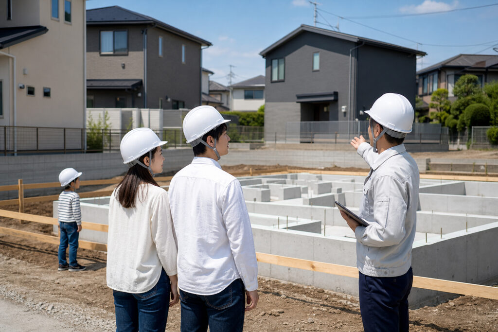 zeh-2026-order-home-schedule | アップルホーム 基礎工事中の注文住宅と建築スケジュールを確認する家族