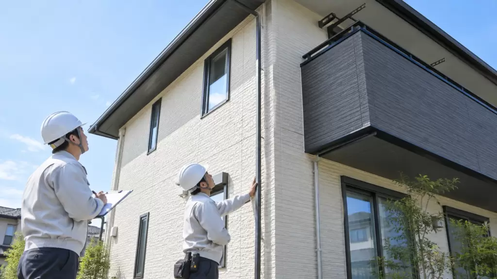 20-year-home-exterior-inspection | アップルホーム 築20年の戸建てで屋根や外壁の劣化状況を点検する様子